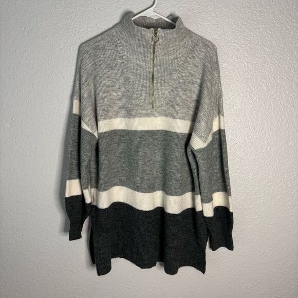 Loft Striped Zip Tunic Sweater Grey Long Sleeve Oversized Colorblock Size XXLP - Picture 1 of 12